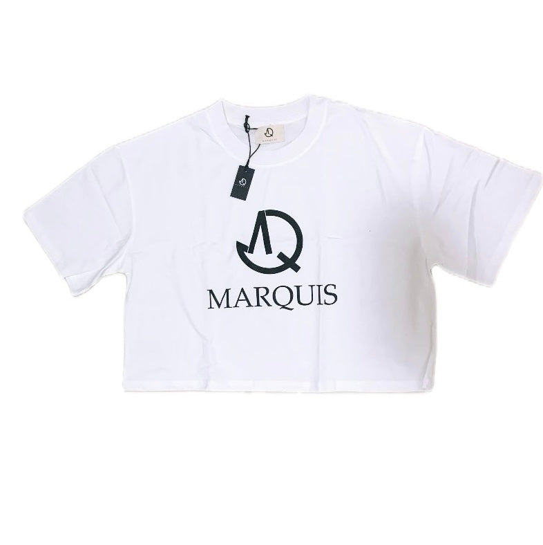 WHITE DROP SHOULDER CROP T-SHIRT WITH MARQUIS LOGO