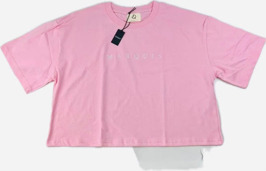 PINK DROP SHOULDER CROP T-SHIRT WITH MARQUIS SIGNATURE SEWNIN THE CENTER