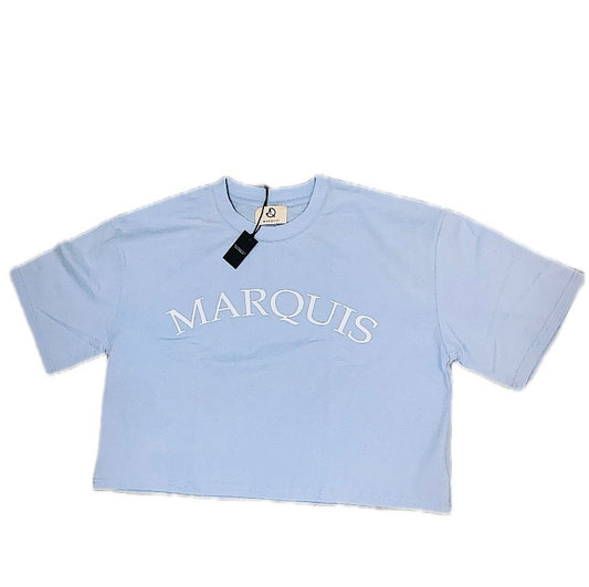 SKY BLUE DROP SHOULDER CROP T SHIRT WITH MARQUIS SIGNATURE