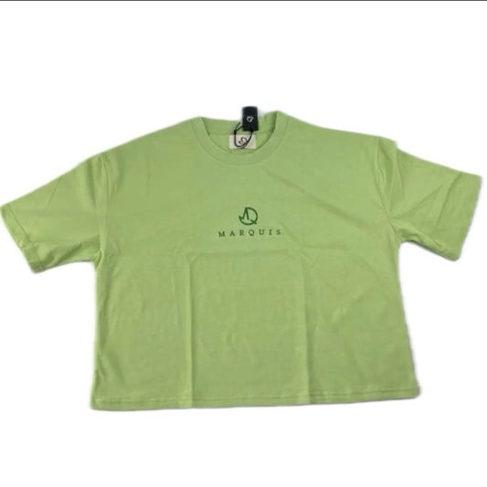 GREEN AVOCADO DROP SHOULDER CROP T-SHIRTS WITH MARQUIS LOGO PERFECTLY SEWN IN THE CENTER
