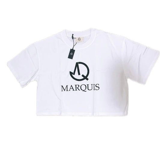 WHITE DROP SHOULDER CROP T-SHIRT WITH MARQUIS LOGO